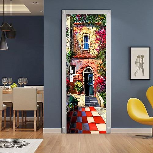

Oil Painting Style 2pcs Self-adhesive Creative Door Stickers Country Small Courtyard Living Room Diy Decoration Home Waterproof Wall Stickers