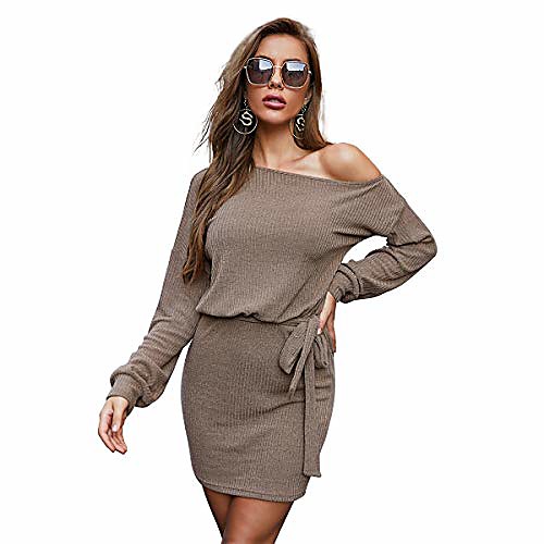 

jmpj's women's off shoulder long sleeve knit sweater dress casual lightweight tie waist dresses stretchy mini bodycon dress (khaki, medium)