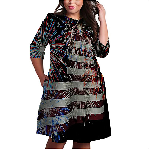 

Women's Plus Size Dresses Shift Dress Knee Length Dress 3/4 Length Sleeve Graphic Flag Print Basic Fall Black XL XXL 3XL 4XL 5XL / Holiday