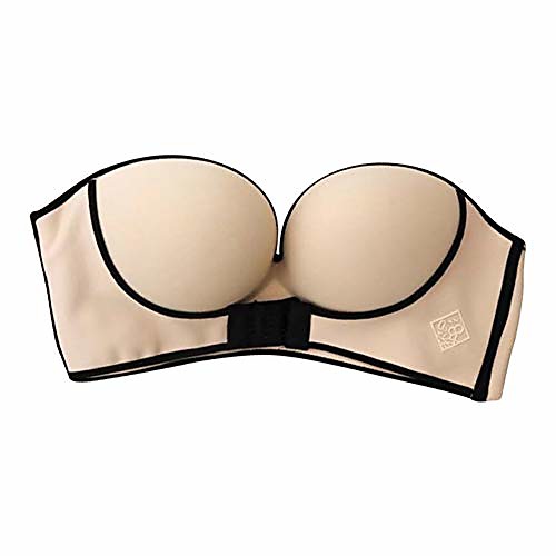 

women's front buckle strapless bra push up non-slip invisible bra wirefree gathered lift support bra nude