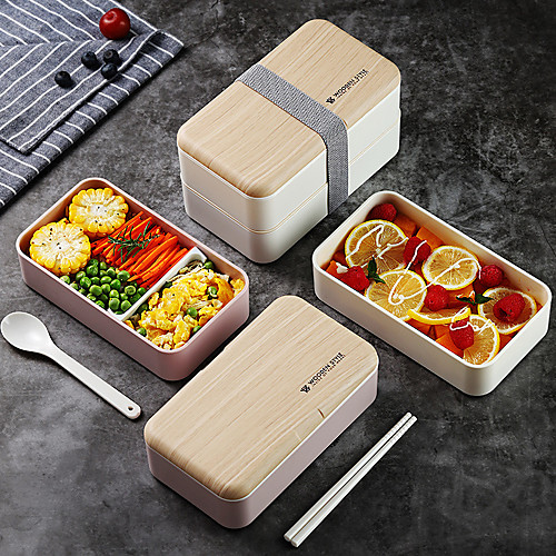 

Double-layer Lunch Box Microwave Nordic Style Wooden Lid Office School Student Lunch Box Portable Plastic Lunch Box