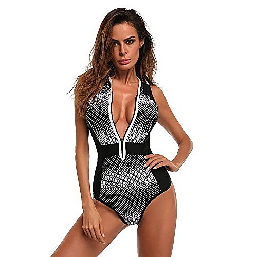 

women one-piece push up padded geometric zipper deep v swimsuit bikini swimwear (b, l)