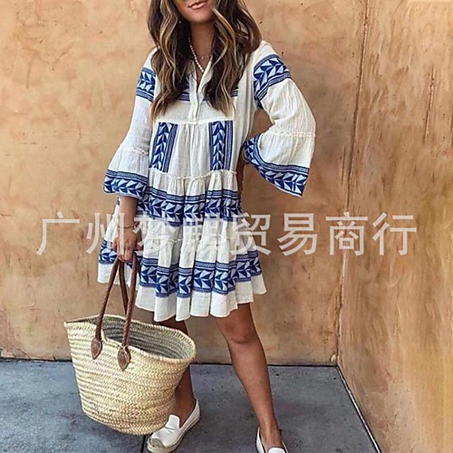 

european and american cross-border foreign trade fashion printed v-neck long-sleeved pleated women's dress