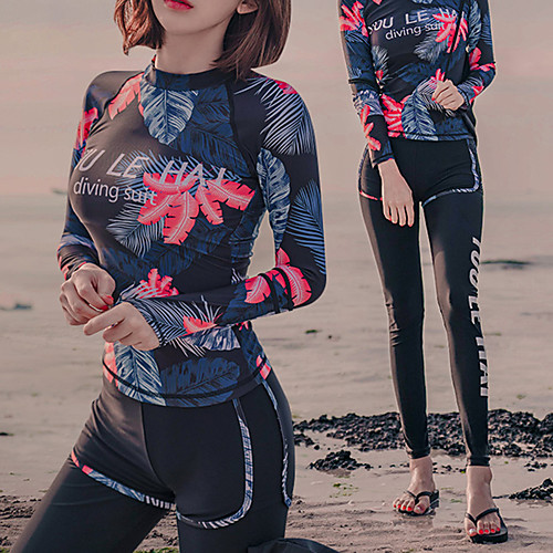 

Women's Rash Guard Dive Skin Suit Swimwear Breathable Quick Dry Long Sleeve 3-Piece - Swimming Surfing Water Sports Floral / Botanical Autumn / Fall Spring Summer