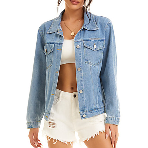 

Women's Jackets Solid Colored Patchwork Casual Fall Jacket Regular Daily Long Sleeve Denim Coat Tops Light Blue