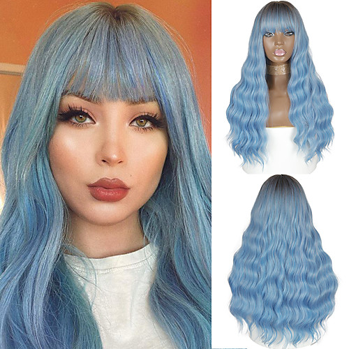 

Synthetic Wig Deep Wave Neat Bang Wig Medium Length Ombre Blue Synthetic Hair Women's Cosplay Party Fashion Blue