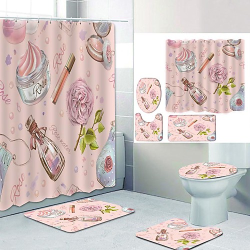 

Powder-Colored Rose Cosmetics Digital Printing Four-piece Set Shower Curtains and Hooks Modern Polyester Machine Made Waterproof Bathroom