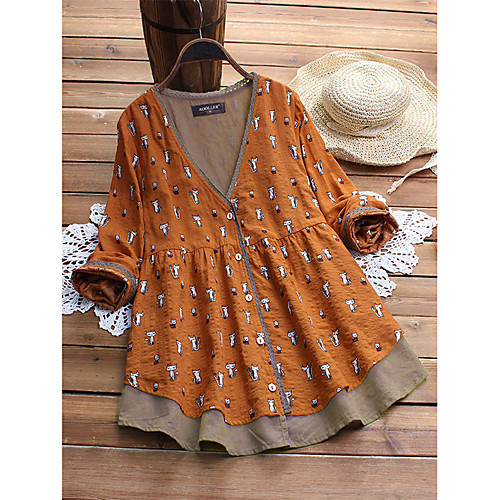 

Women's Plus Size Fake two piece Cat Blouse Shirt Large Size V Neck Tops M L XL Blue Orange Big Size