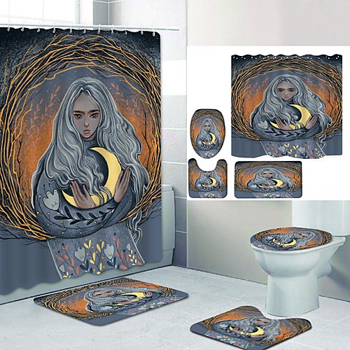 

Girl Hug The Moon Digital Printing Four-piece Set Shower Curtains and Hooks Modern Polyester Machine Made Waterproof Bathroom