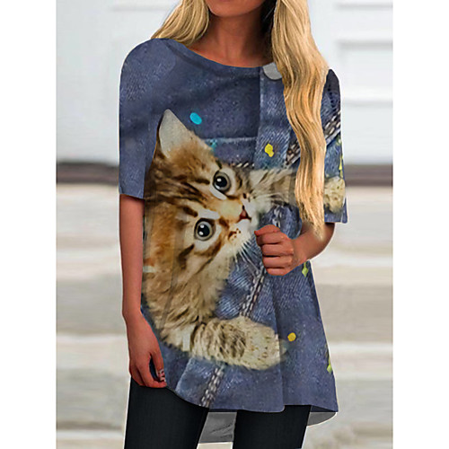 

Women's T Shirt Dress Tee Dress Short Mini Dress Blue Half Sleeve Cat Animal Print Spring Summer Round Neck Casual 2021 S M L XL XXL 3XL
