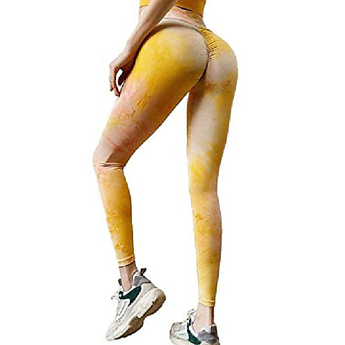 

women casual high waist tie dye print hip lifting stretch basic yoga leggings workout pants yellow m