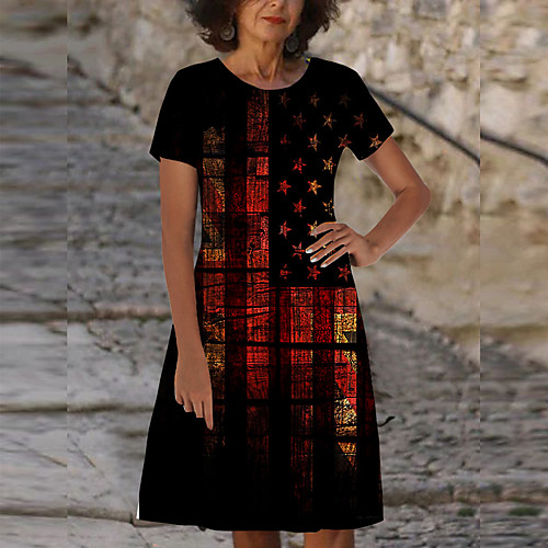 

Women's Shift Dress Knee Length Dress Black Short Sleeve Flag Print Spring Summer Round Neck Casual 2021 S M L XL XXL 3XL