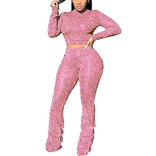 

sexy club outfits for women long sleeve crop tops and bodycon stacked leggings set tracksuit medium pink