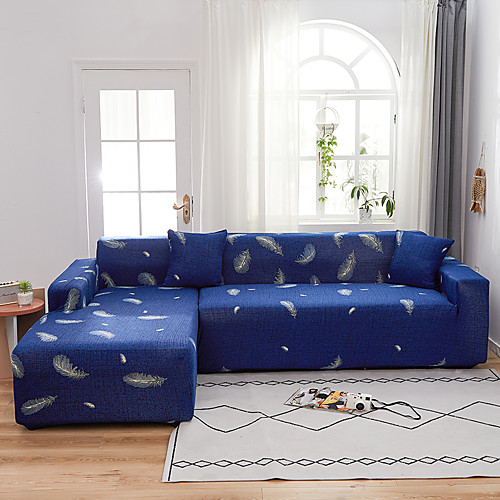 

Blue Feather Print Dustproof All-powerful Stretch L Shape Sofa Cover Super Soft Fabric Sofa Furniture Protector with One Free Boster Case