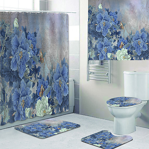 

Vintage flower Butterfly Printed Bathtub Curtain liner Covered with Waterproof Fabric shower Curtain for Bathroom home Decoration with hook floor mat and four-piece Toilet mat
