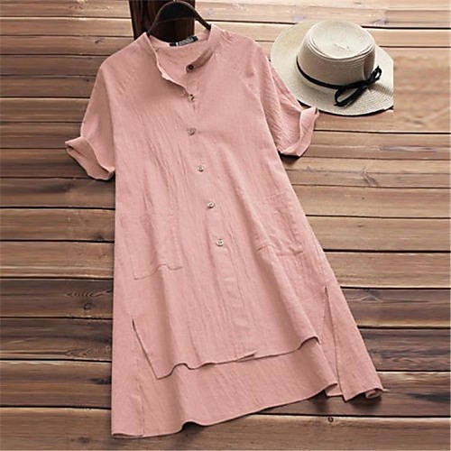 

2020 new women's button v-neck hem asymmetrical loose short-sleeved mid-length shirt plus size women's art