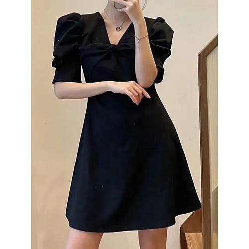 

Women's A Line Dress Short Mini Dress Black Blushing Pink Short Sleeve Solid Color Bow Summer V Neck Formal Puff Sleeve 2021 S M L