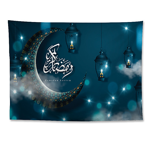 

Eid Mubarak Islamic Muslim Ramadan Wall Tapestry Art Decor Blanket Curtain Hanging Home Bedroom Living Room Decoration Polyester Blue Lantern Moon