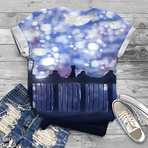 

Women's Plus Size Print Cat Graphic Animal T shirt Large Size Crewneck Short Sleeve Basic Tops XL XXL 3XL Blue Big Size