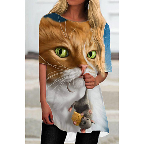 

Women's T Shirt Dress Tee Dress Short Mini Dress Blue Half Sleeve Cat Animal Print Spring Summer Round Neck Casual 2021 S M L XL XXL 3XL