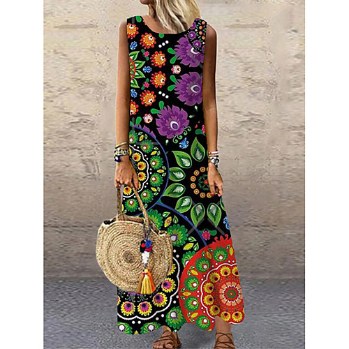 

Women's Shift Dress Maxi long Dress Black Sleeveless Floral Print Print Spring Summer Round Neck Casual 2021 S M L XL XXL 3XL