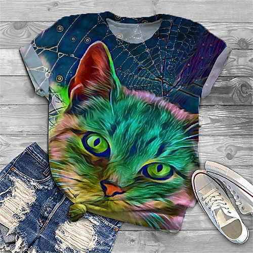 

Women's Plus Size Print Cat Graphic Animal T shirt Large Size Crewneck Short Sleeve Basic Tops XL XXL 3XL Blue Big Size