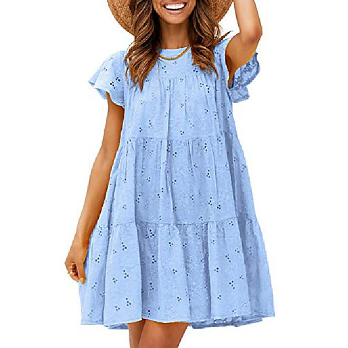 

miessial women's summer embroidery round neck mini dress hollow out loose swing dress blue 0-2