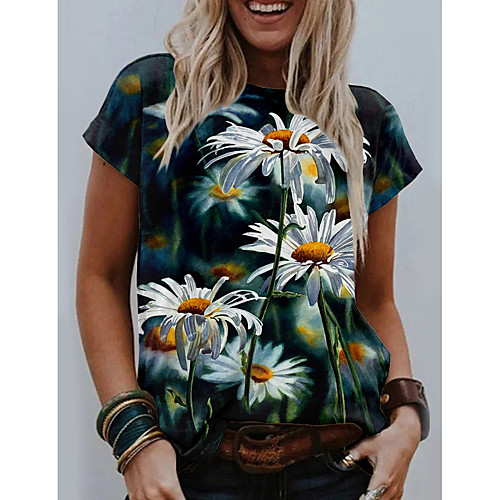 

Women's T shirt Floral Graphic Print Round Neck Tops Basic Basic Top Black