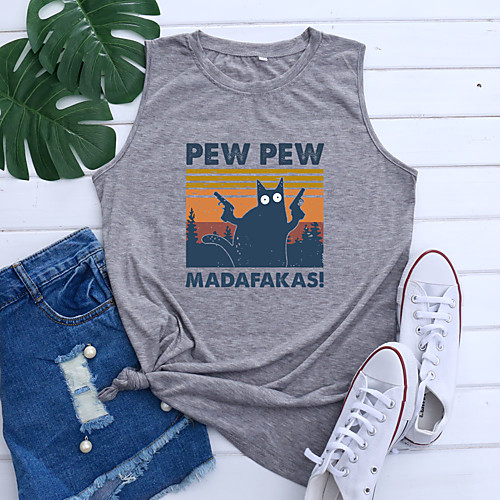 

Women's Tank Top Cat Graphic Letter Print Round Neck Tops Basic Basic Top Blue Purple Light gray