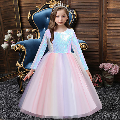 

Princess Floor Length Party / Formal Evening Flower Girl Dresses - Organza / Satin / Polyester Long Sleeve Jewel Neck with Sash / Ribbon / Splicing / Paillette