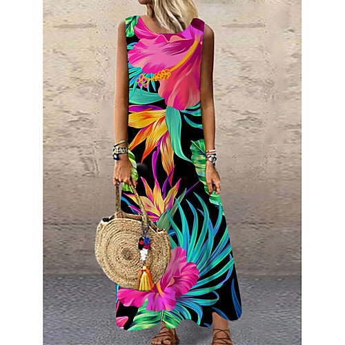 

Women's Shift Dress Maxi long Dress Fuchsia Sleeveless Floral Print Print Spring Summer Round Neck Casual 2021 S M L XL XXL 3XL