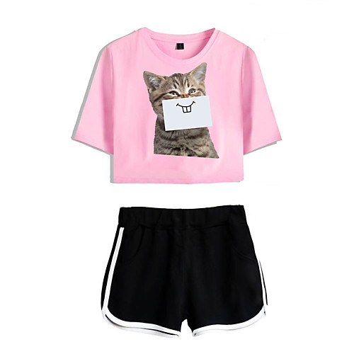 

Women's Basic Streetwear Cat Vacation Casual / Daily Two Piece Set Crop Top Tracksuit T shirt Loungewear Shorts Print Tops