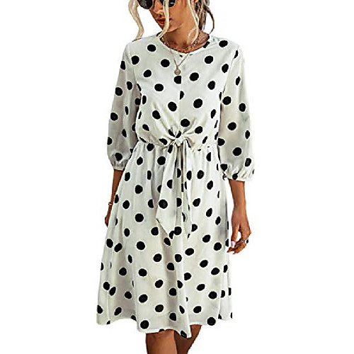 

ecowish women dress 2020 summer boho polka dot print tie knot front half sleeve casual midi dresses white small