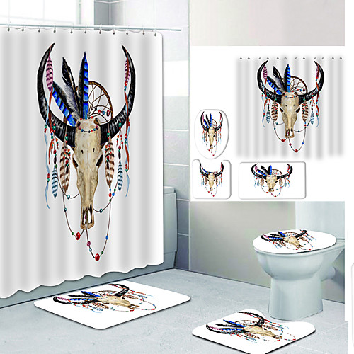 

Purple Feather Cow Head Digital Printing Four-piece Set Shower Curtains and Hooks Modern Polyester Machine Made Waterproof Bathroom