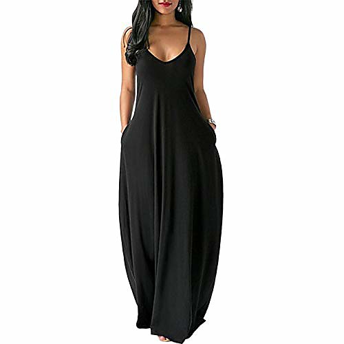 

zzevolss long maxi dress plus size spaghetti strap v neck sundresses for women casual beach cover up dress with pocket(black,s)