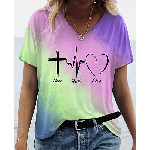 

Women's T shirt Heart Color Block Text Print V Neck Tops Basic Basic Top Blue Yellow Green