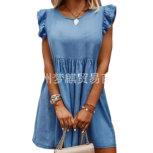 

cross-border foreign trade europe and america solid color ruffled sleeve denim dress