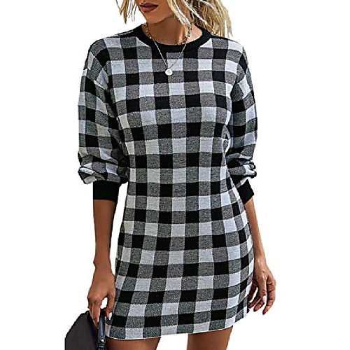 

theenkoln women's plaid pencil dresses crew neck long sleeve wear to work casual bodycon business mini dress black white m
