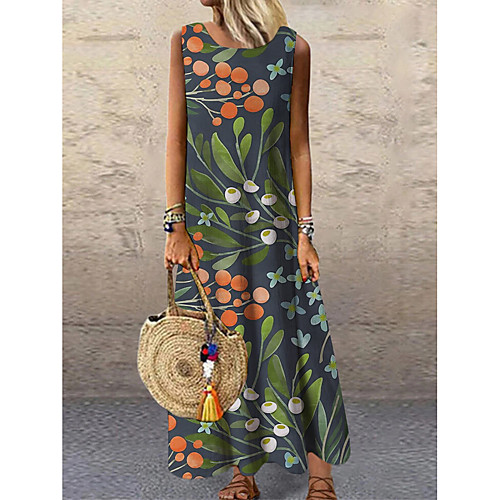 

Women's Shift Dress Maxi long Dress Army Green Sleeveless Floral Print Print Spring Summer Round Neck Casual 2021 S M L XL XXL 3XL