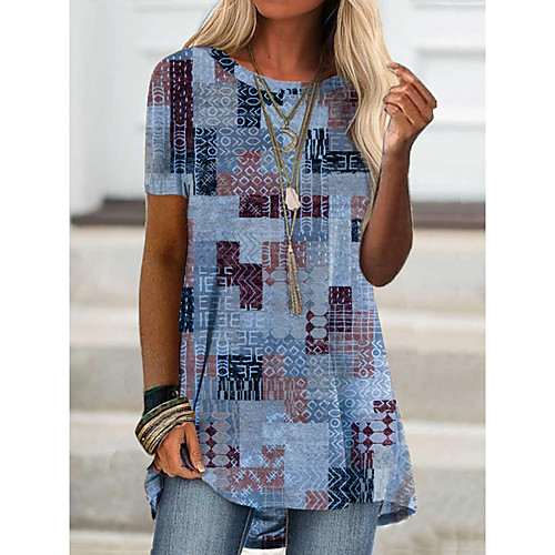 

Women's Holiday Geometric Painting T shirt Graphic Geometric Print Round Neck Basic Boho Tops Blue Khaki
