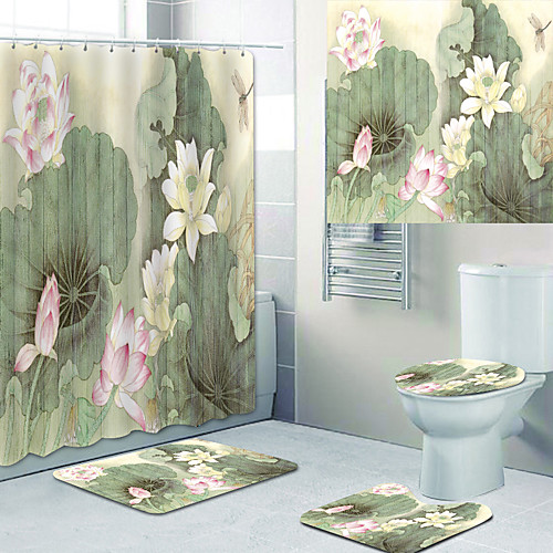 

Vintage Lotus Printed Bathtub Curtain Liner Covered with Waterproof Fabric shower Curtain for Bathroom home Decoration with hook floor mat and four-piece Toilet mat