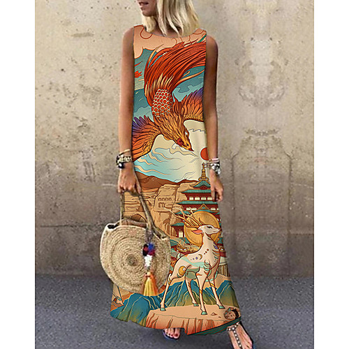 

Women's Shift Dress Maxi long Dress Orange Sleeveless Print Animal Print Spring Summer Round Neck Casual 2021 S M L XL XXL 3XL