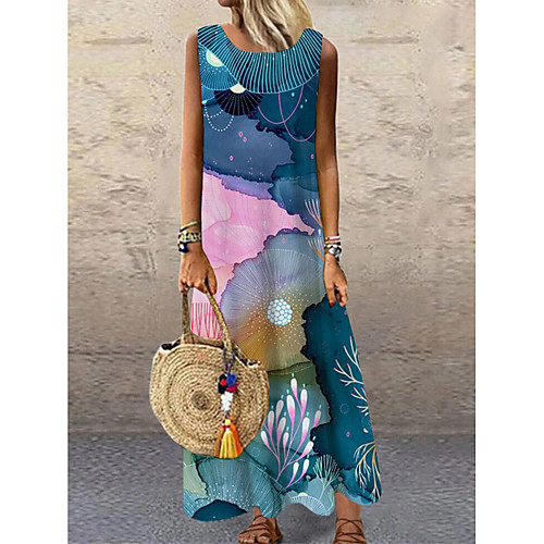 

Women's Shift Dress Maxi long Dress Rainbow Sleeveless Print Color Block Print Spring Summer Round Neck Casual 2021 S M L XL XXL 3XL