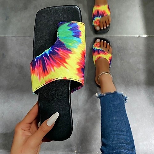 

Women's Sandals Flat Heel Square Toe Rubber Color Block Yellow Blue