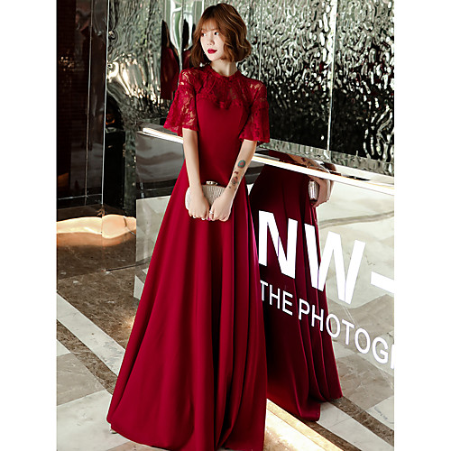 

A-Line Empire Elegant Wedding Guest Formal Evening Dress Illusion Neck Half Sleeve Floor Length Lace Stretch Fabric with Draping Lace Insert 2021