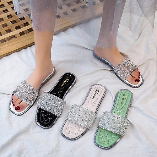 

Women's Sandals Flat Heel Round Toe PU Rhinestone Imitation Pearl Sparkling Glitter Polka Dot Damask White Black Green