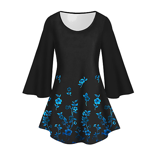 

Women's Plus Size Print Floral Graphic Tunic Large Size Crewneck 3/4 Length Sleeve Basic Tops XL XXL 3XL Black Big Size