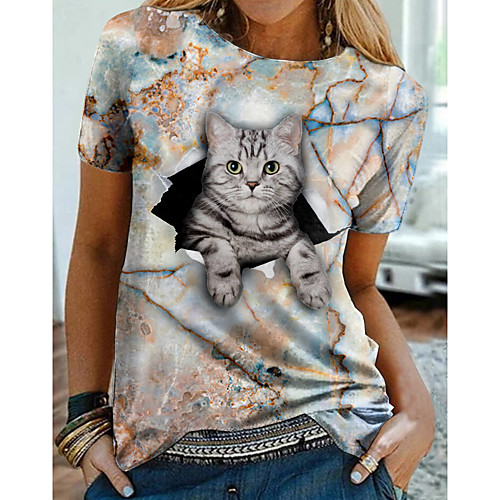 

Women's T shirt Cat Graphic 3D Print Round Neck Tops Basic Basic Top Gray