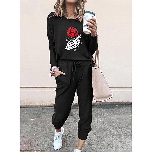 

Women Basic Streetwear Floral Print Vacation Casual / Daily Two Piece Set Tracksuit T shirt Pant Loungewear Drawstring Print Tops
