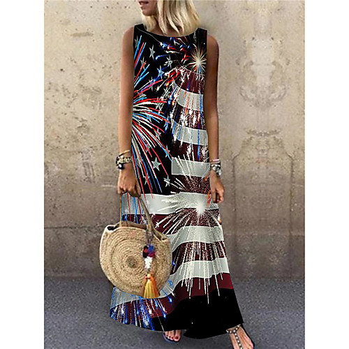 

Women's Shift Dress Maxi long Dress Red Sleeveless Print Flag Print Spring Summer Round Neck Casual 2021 S M L XL XXL 3XL